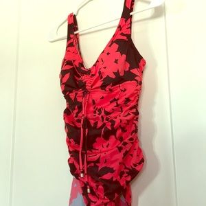 One piece swimsuit, black & red floral